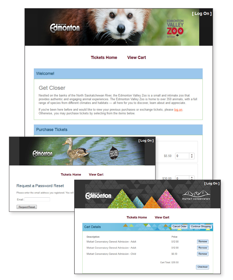 Screenshots of the Integrated Online Ticketing Solution that Pleasant Solutions built for the City of Edmonton